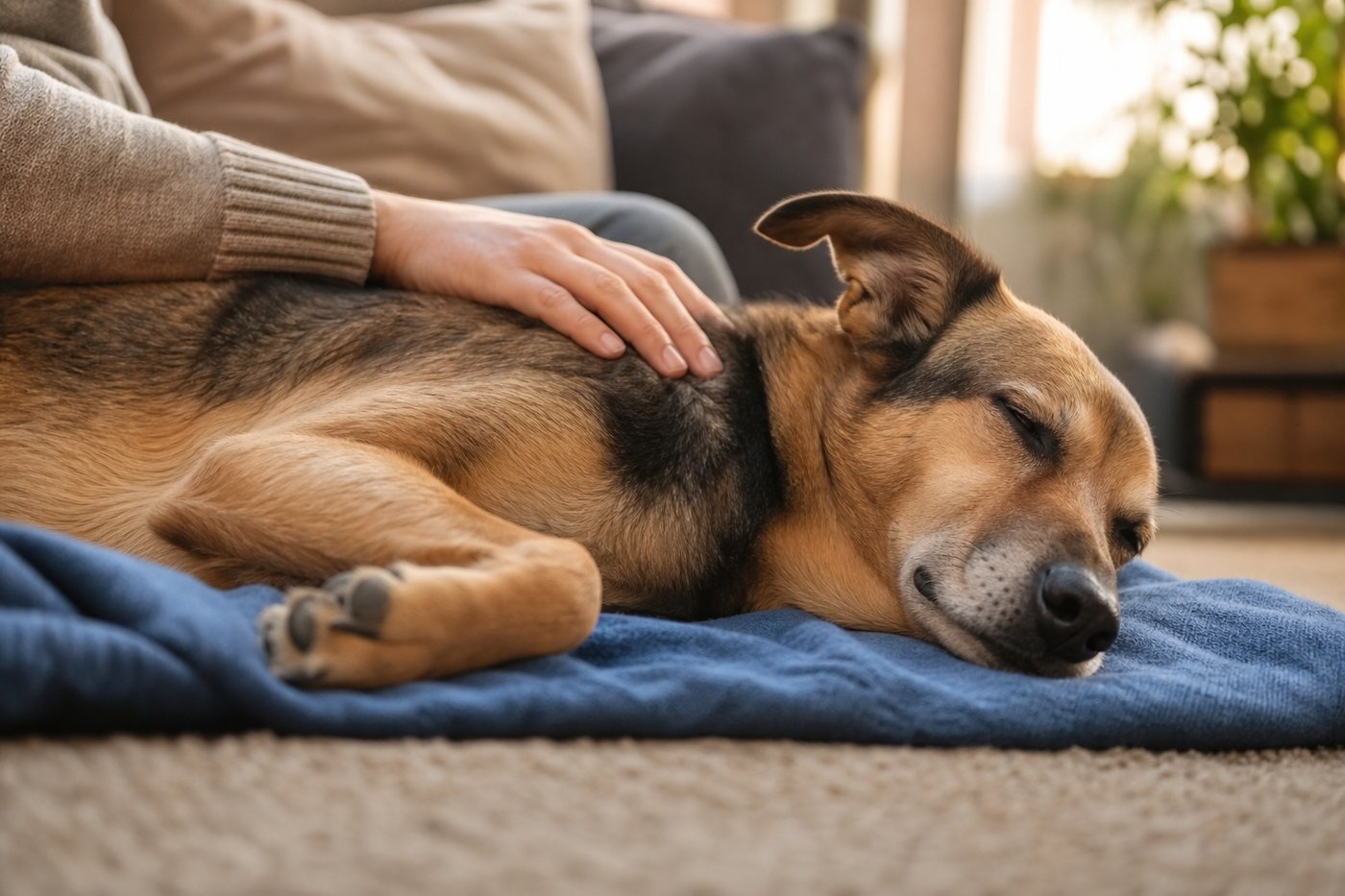 Ein Hund kommt auf seiner Decke entspannt zur Ruhe